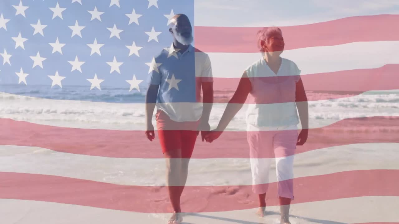 animación de una feliz pareja afroamericana de alto nivel caminando por la playa sobre la bandera estadounidense