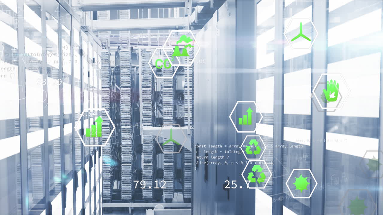 다중 디지털 아이콘의 애니메이션, 데이터 처리 및 컴퓨터 서버 방에 대한 빛 트레일