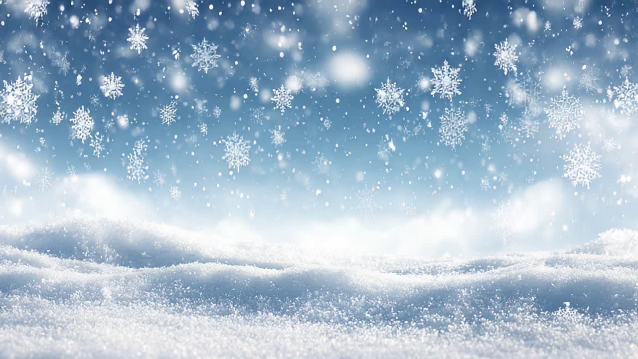 A Serene Winter Wonderland: Captivating Snowflakes Gently Falling Over a Glimmering Snow-Covered Landscape Under a Soft Blue Sky