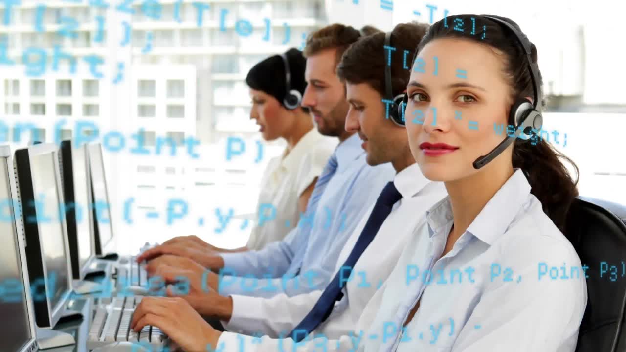 animación del procesamiento de datos financieros sobre personas que llevan auriculares de teléfono