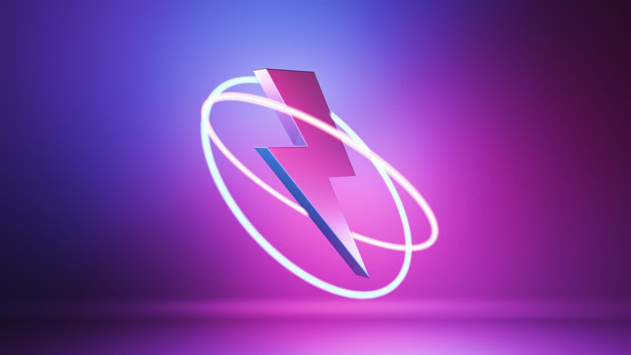Lightning as a symbol of energy and strength. Bright neon scene with abstract scanning of the lightning sign.