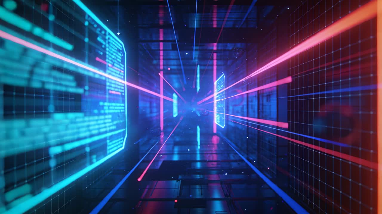 Camera starting forward movement, moving through neon data corridor toward focal point with panels