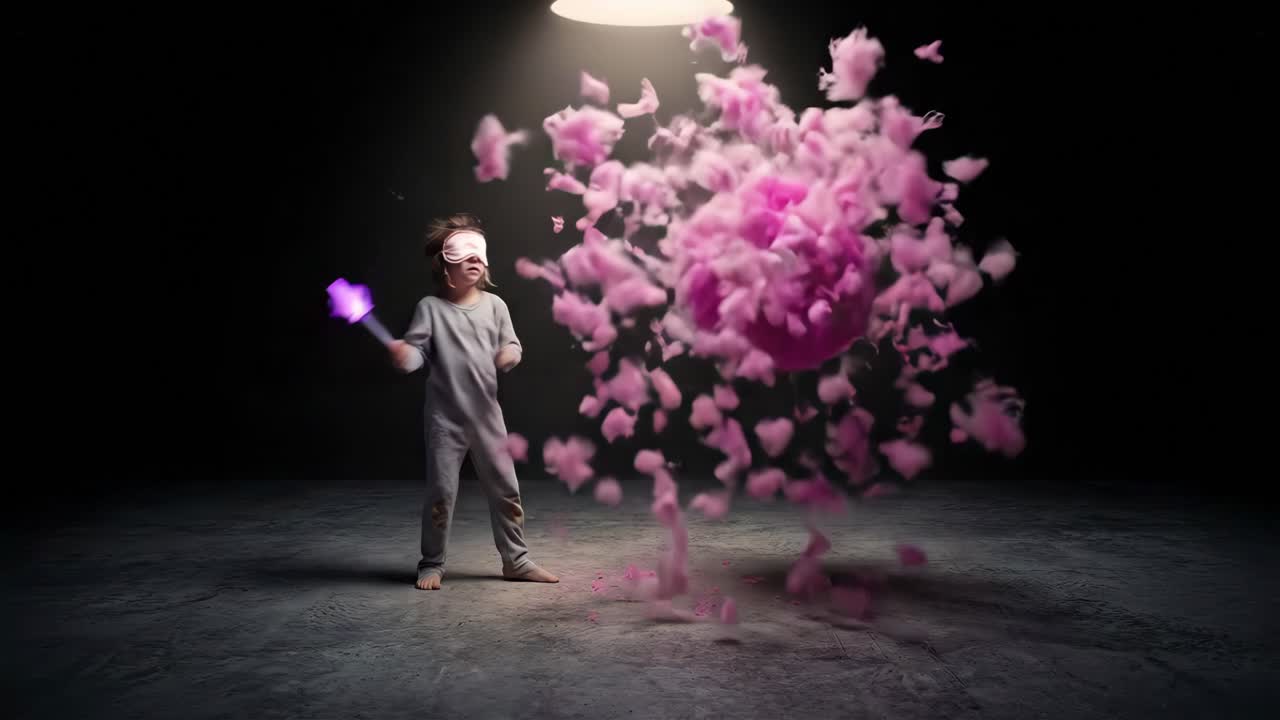 Barn med bind for øynene slår en myk rosa ball med en glødende tryllestav