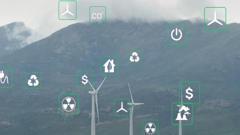 Animation-of-ecology-icons-over-wind-turbines-and-landscape