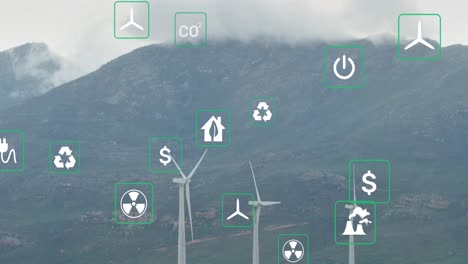 animación de iconos ecológicos sobre turbinas eólicas y paisajes