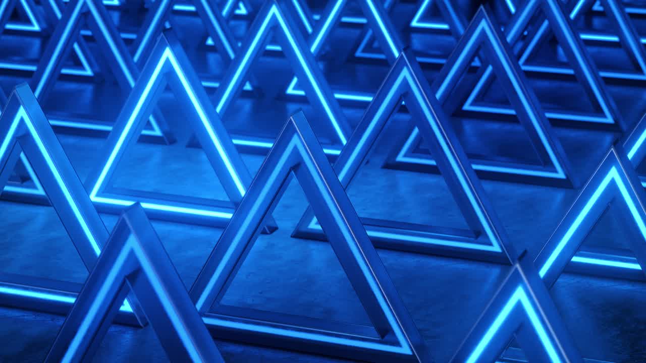 fondo abstracto triangular azul. fondo de luces de neón. prismas triangulares de patrón. fondo geométrico abstracto de ciencia ficción. concepto futurista. bucle sin costuras, animación 3d en 4k