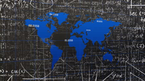 animación de coordenadas del mapa del mundo sobre ecuaciones matemáticas y gráficos de fondo