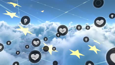 Animation-of-network-of-connections-with-icons-over-flag-of-european-union-and-sky