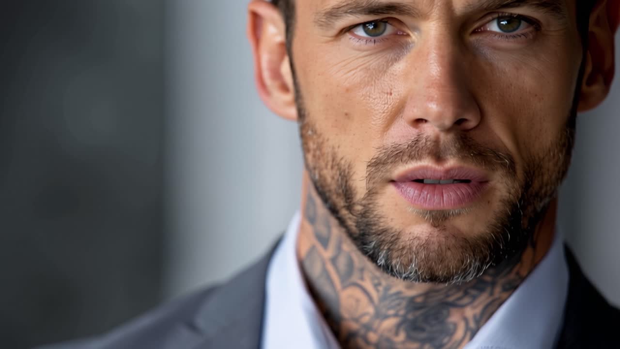 Uomo con barba e tatuaggi sul collo guarda pensieroso. L'abbigliamento professionale contrasta con l'audace body art. La luce soffusa evidenzia i lineamenti del viso e i disegni intricati. Ideale per moda, lifestyle.