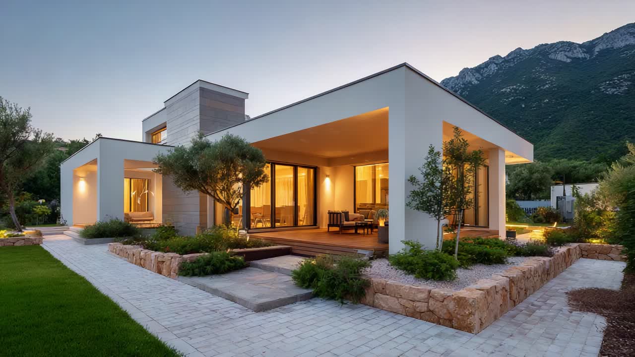 Elegante casa moderna rodeada de naturaleza al atardecer, con iluminación ambiental y un paisaje de montaña escénico, que exhibe una arquitectura contemporánea