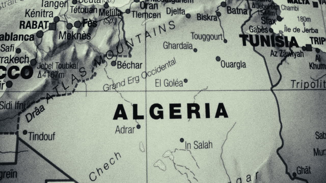 Close-up Map of Algeria and North Africa in Black and White