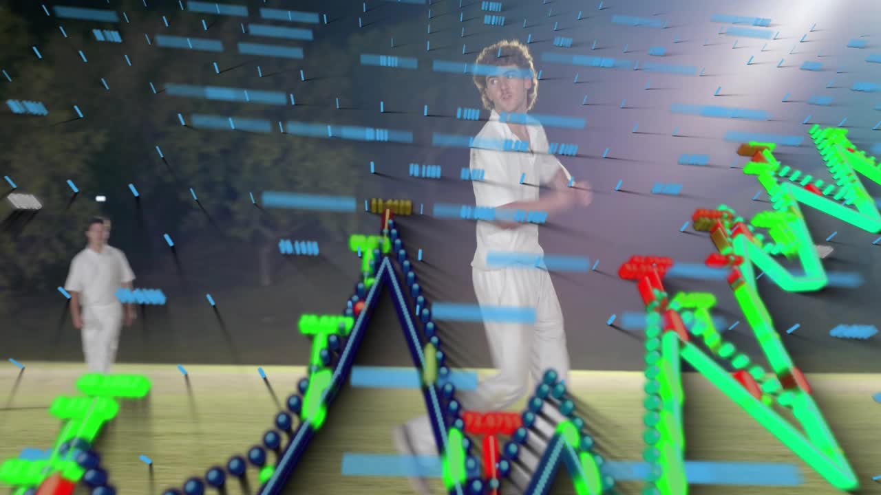Cricket bowler running and releasing ball on pitch, engaging animated bars, triangle wave analytics