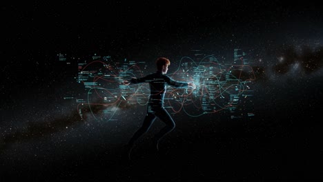 person interacting with a digital interface in space