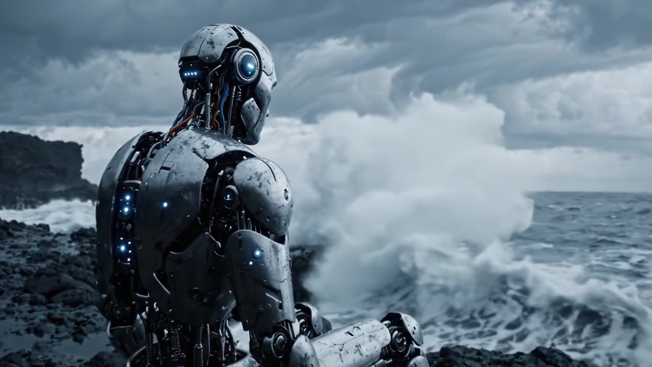 Un robot contemplativo osserva l'oceano turbolento, circondato da coste rocciose e un cielo cupo, riflettendo sull'esistenza e sul legame tra tecnologia e natura