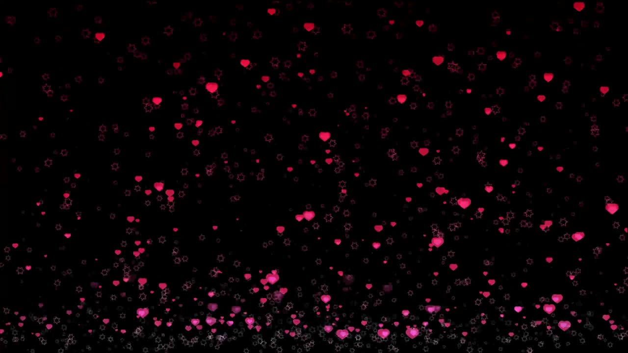 심장과 여섯 개의 별이 떨어지고 블랙 스크린에서 떠다니는 광고 기술의 추상적인 디자인