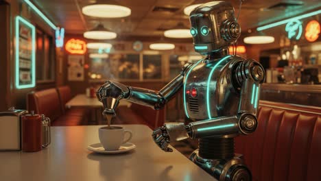 a futuristic robot prepares coffee in a retro diner, showcasing the blend of technology and nostalgia in an inviting, vibrant atmosphere filled with neon lights