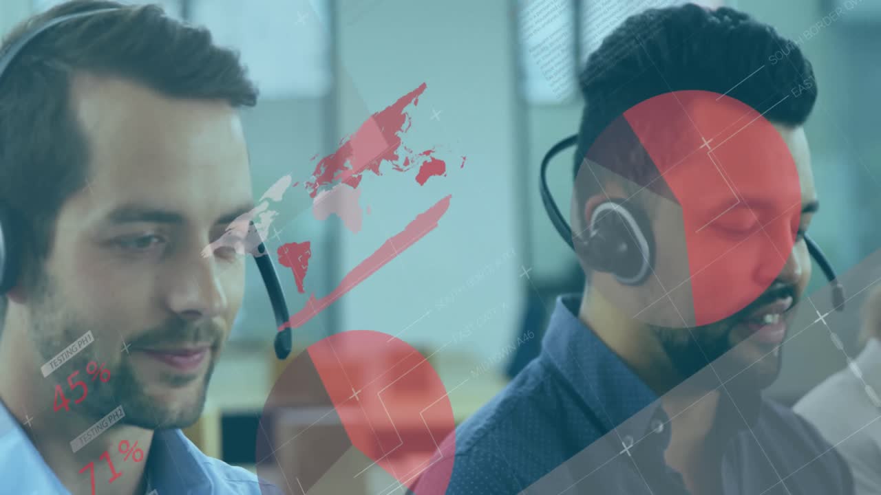 animación de estadísticas y procesamiento de datos sobre diversos empresarios que utilizan auriculares telefónicos