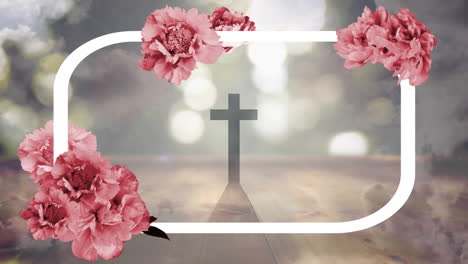 animación de flores y puntos de luz sobre la cruz