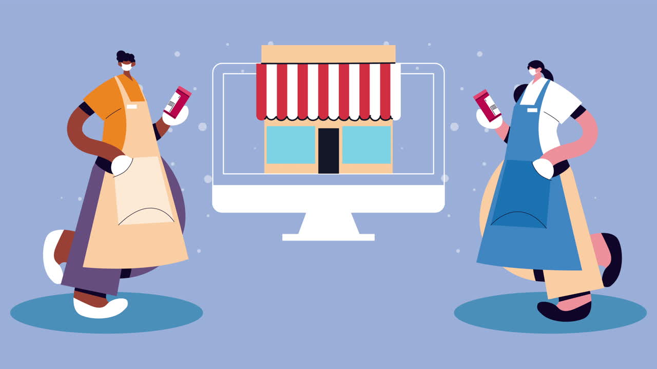 슈퍼마켓 직원들은 코로나19 보호를 위해 의료 마스크를 착용하고 있습니다.