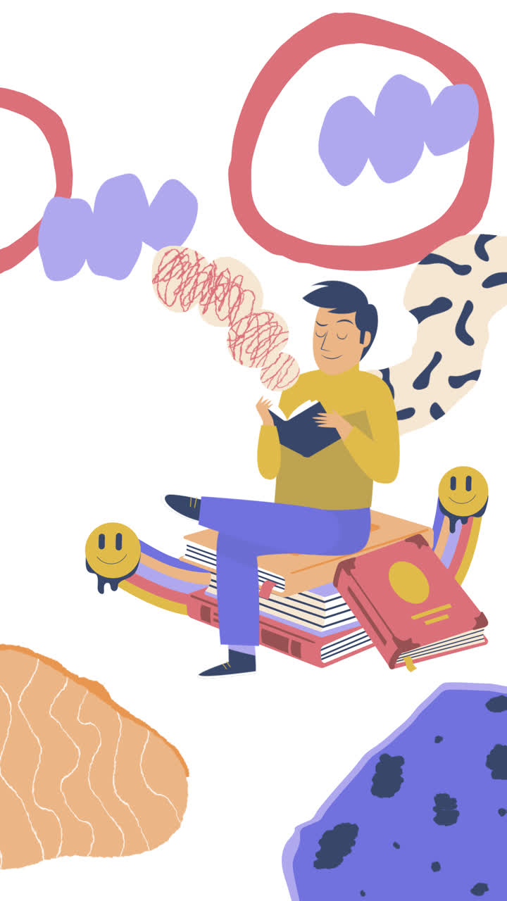 hombre leyendo libros en un arco iris de libros apilados