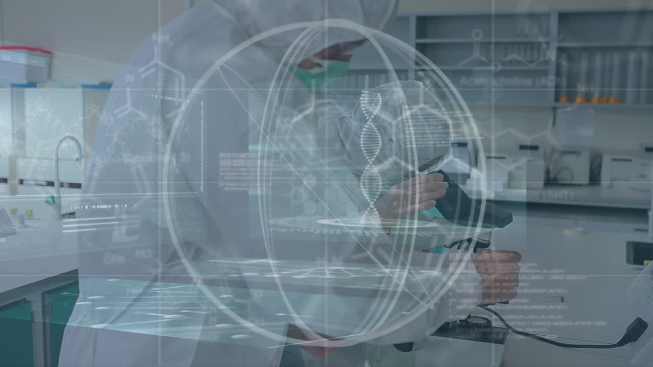 실험실에서 다양한 과학자들에 대한 지구, dna 스트랜드 및 데이터 처리 애니메이션
