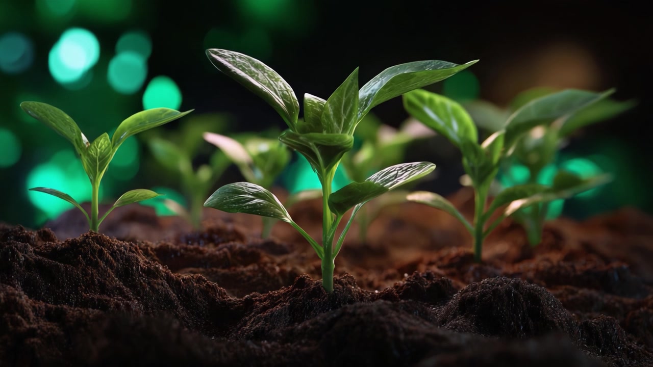 A Close-Up of Young Green Plants Growing from Rich Dark Soil in a Verdant Environment with Soft Bokeh Background Highlights Fostering Their Natural Growth