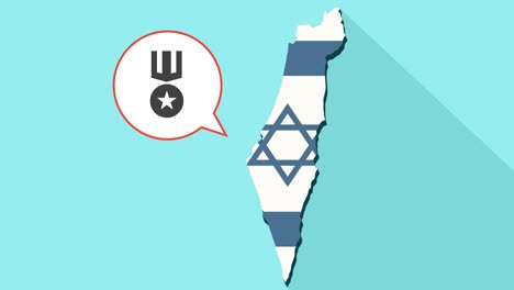 animation of a long shadow israel map with its flag and a comic balloon with a medal