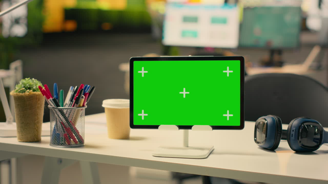 Layar kunci kroma di meja eksekutif kosong dengan tablet