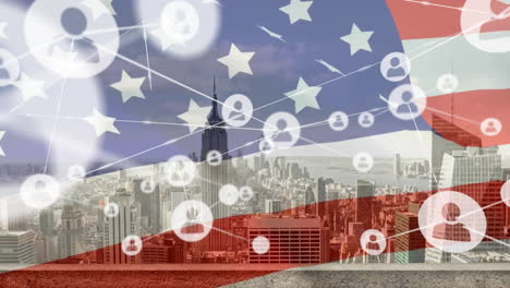 animation of network of connections with icons and flag of usa over cityscape