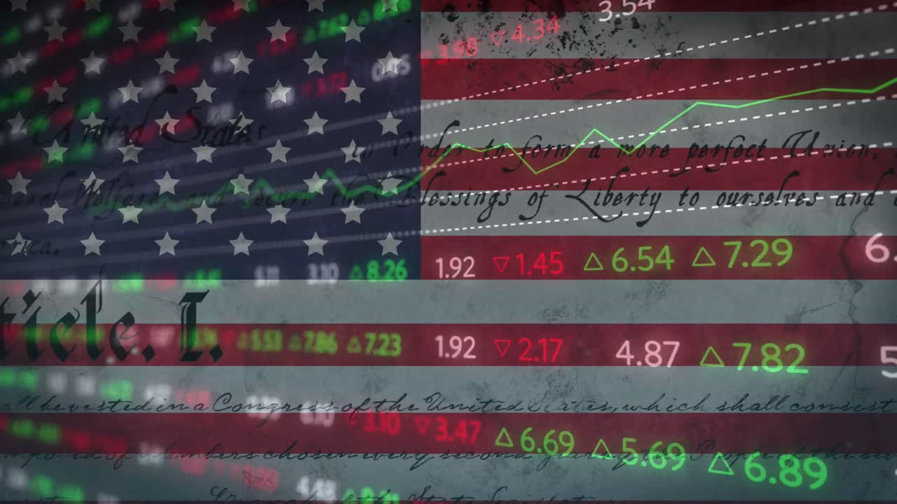 Animation von Finanzdatenverarbeitung über amerikanischer Flagge