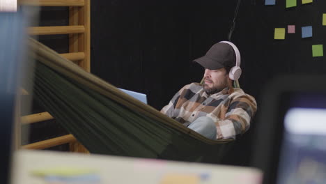 Modern-office-worker-in-hammock-with-headphones,-static-view