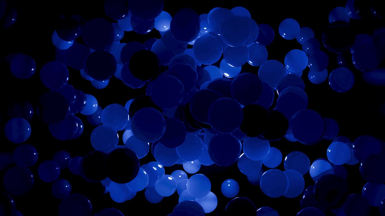 푸른 색조의 구의 추상적인 4k 배경, led와 같은 공이 공중에 매달려 있고 밝고 세련된 배경으로 꺼집니다.
