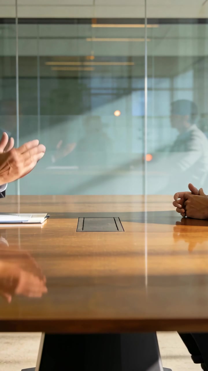 Vertical video: Extending hand, left exec in suit gesturing in office near glass wall, making case