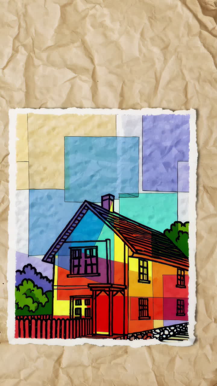 Colorful Abstract House Illustration on Crumpled Paper