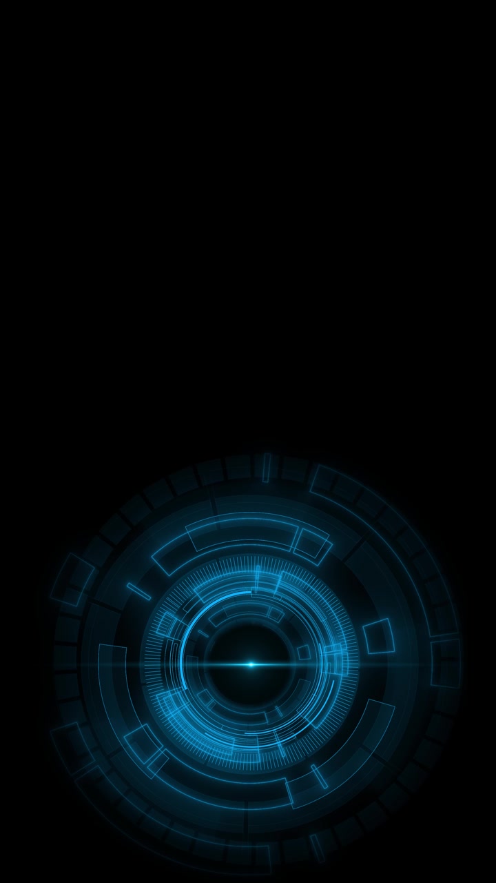 Blue circular hud interface background glowing rings placed on black copy space radar lines central