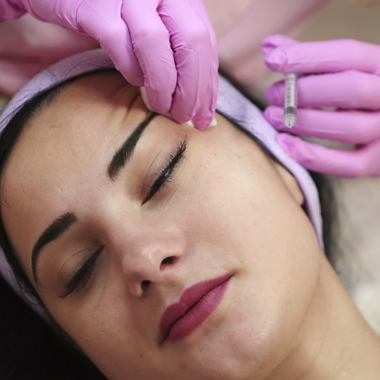 A woman on the procedure of injections in a cosmetology clinic