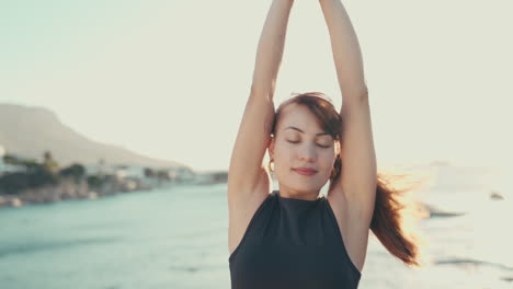 Woman-at-beach,-stretching-and-yoga-with-zen