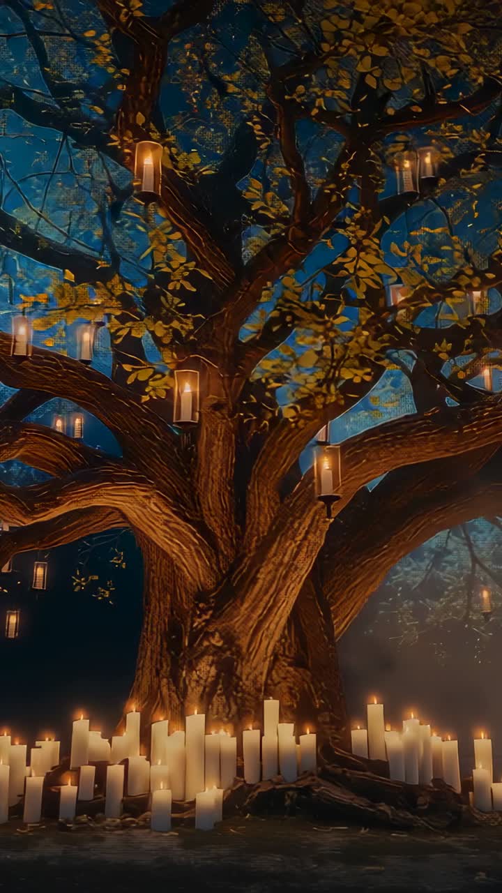 Vertical video: Panning camera across misty clearing showing tree with glowing candles and lanterns