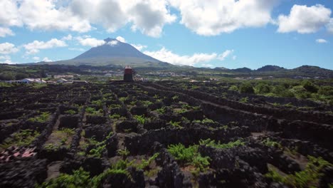 azores, pico islas volcán "pico" detrás de viñedos y un antiguo molino de viento tradicional