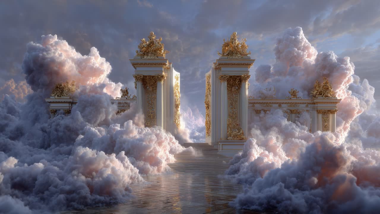 A Majestic Entrance Through Ethereal Clouds: Luxurious Golden Architecture Framed by Soft, Billowing White Clouds Under a Dramatic Sky