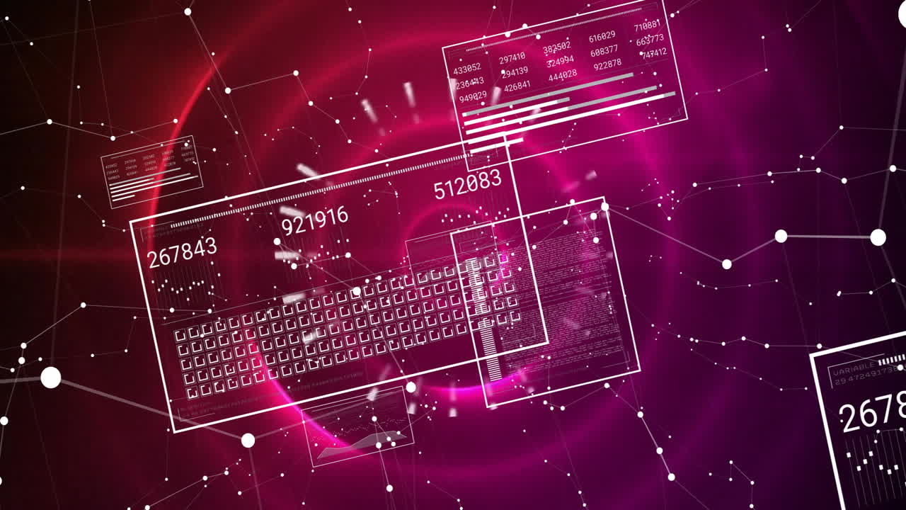 보라색 바탕에 연결 네트워크를 통해 범위 스캔과 데이터 처리의 애니메이션