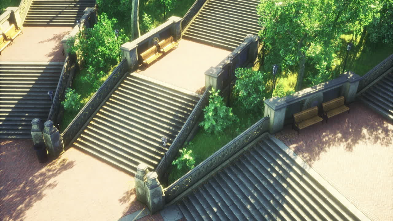 Steps through a lush park with benches and greenery during daylight hours