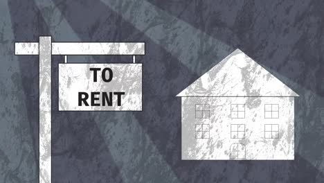 animation of sign with to rent text and house over moving shapes