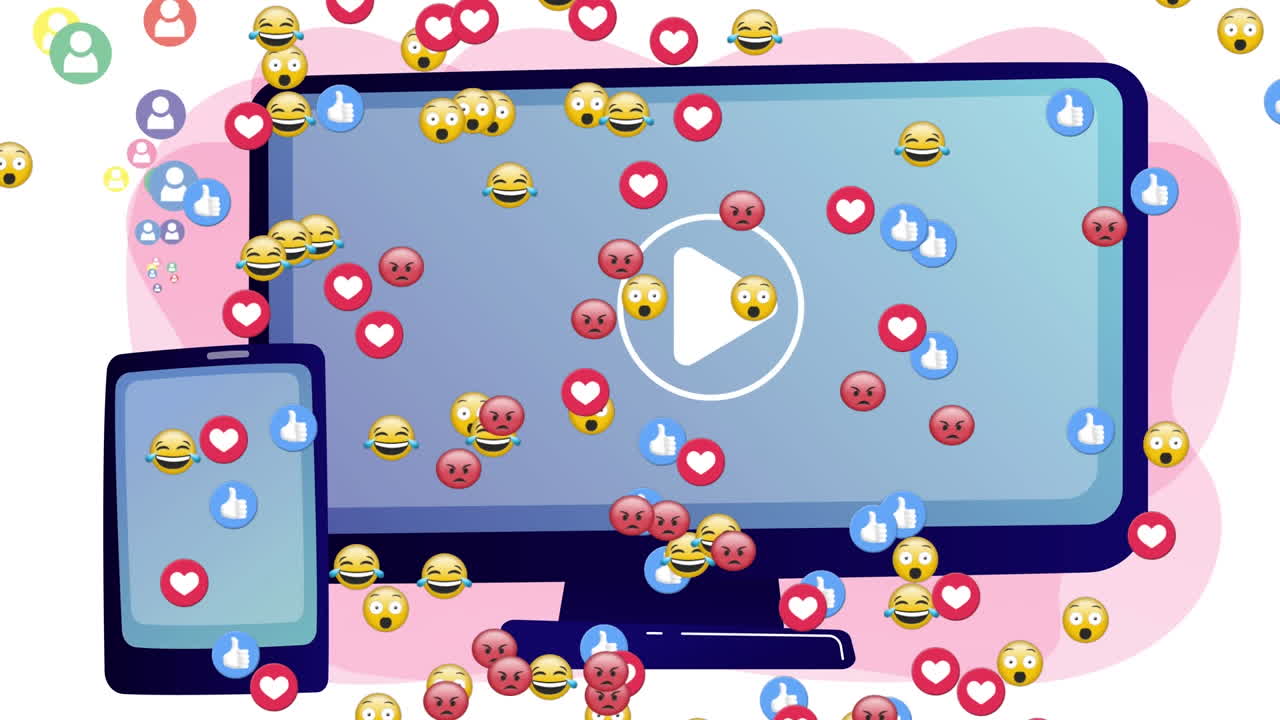 컴퓨터 화면과 태블릿 위에 떠다니는 이모티콘의 애니메이션