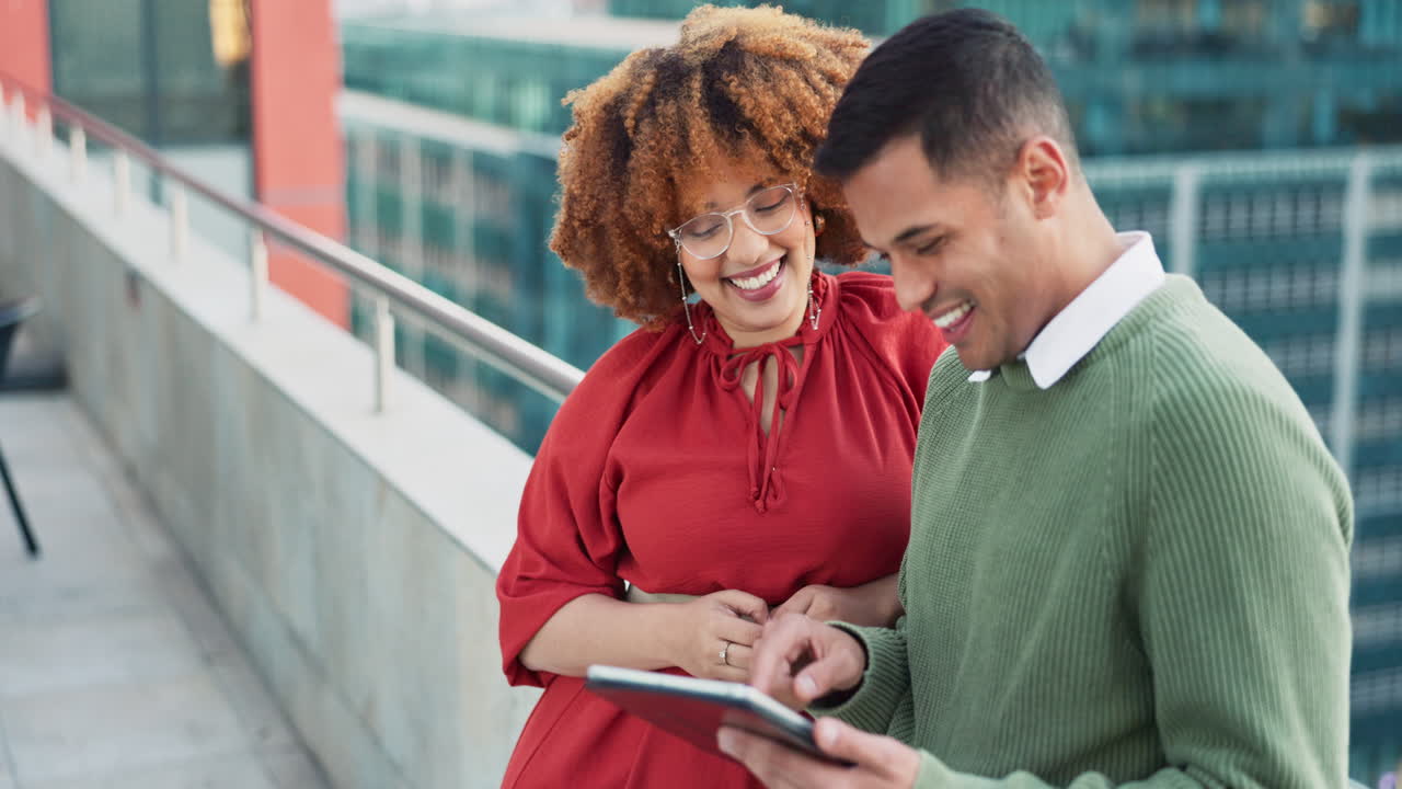 Business people, tablet and working on rooftop