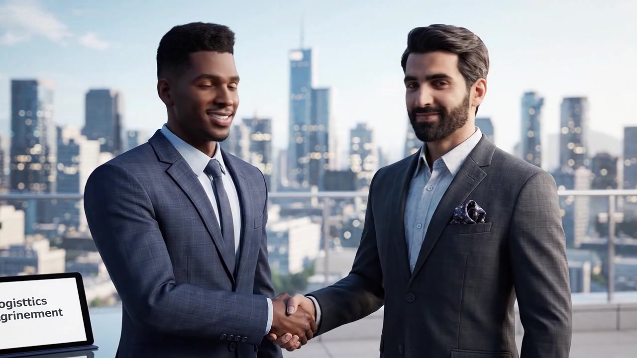 Due Professionisti d'Affari Impegnati in una Stretta di Mano per un Accordo Logistico su un Tetto con lo Skyline della Città come Sfondo, che Mostra una Partnership e una Collaborazione di Successo