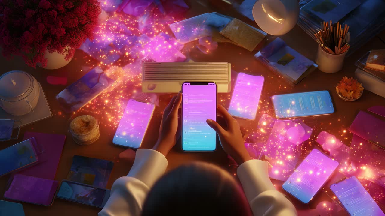 A Surreal Evening of Digital Communication: A Person Engaged in Text Conversations on Multiple Smartphones, Surrounded by a Dreamy Atmosphere of Sparkling Colors and Soft Lighting, Creating an Enchanting Visual Experience