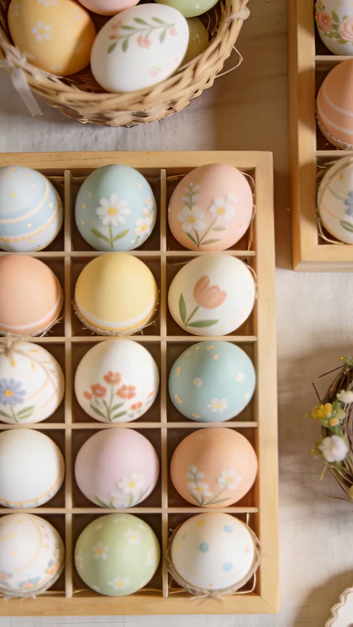 Vertical video: Shot starting, camera shifting to reveal wooden grid tray with pastel eggs on table