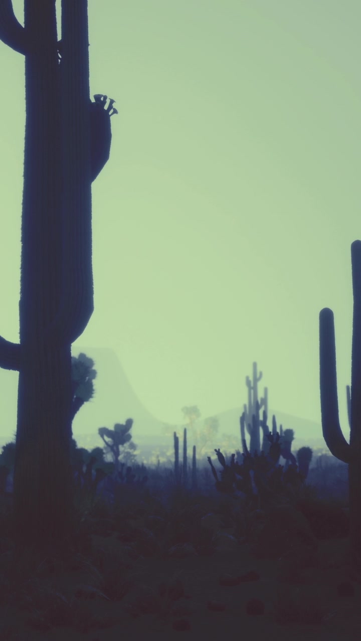 Desert landscape with cacti and distant mountains at twilight