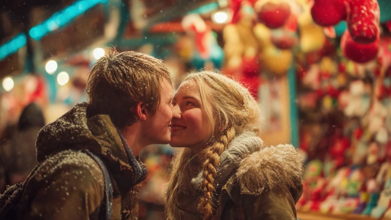 Un magico bacio invernale: giovane coppia che si abbraccia nella neve in un mercatino festivo circondato da decorazioni colorate e allegria natalizia